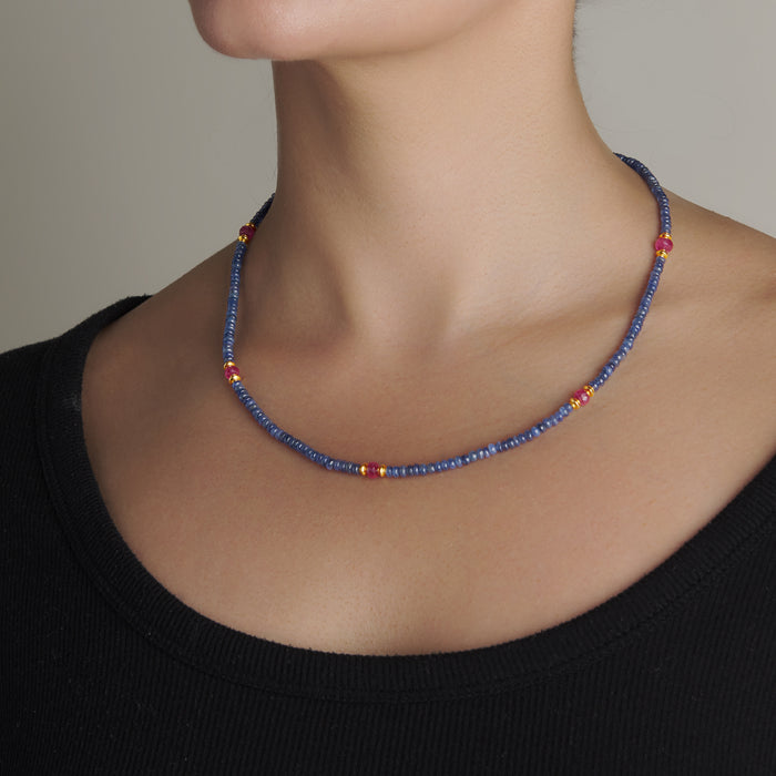 Women wearing Pink and Blue Sapphire Necklace