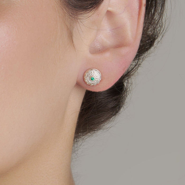 Knappen Round Earrings - Sterling Silver with Emeralds on model