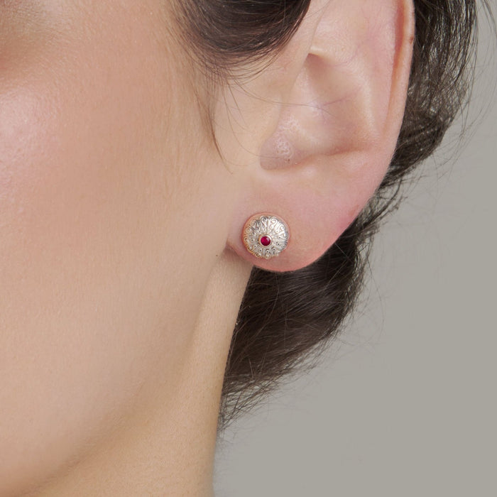 Knappen Round Earring - Sterling Silver with Rubies