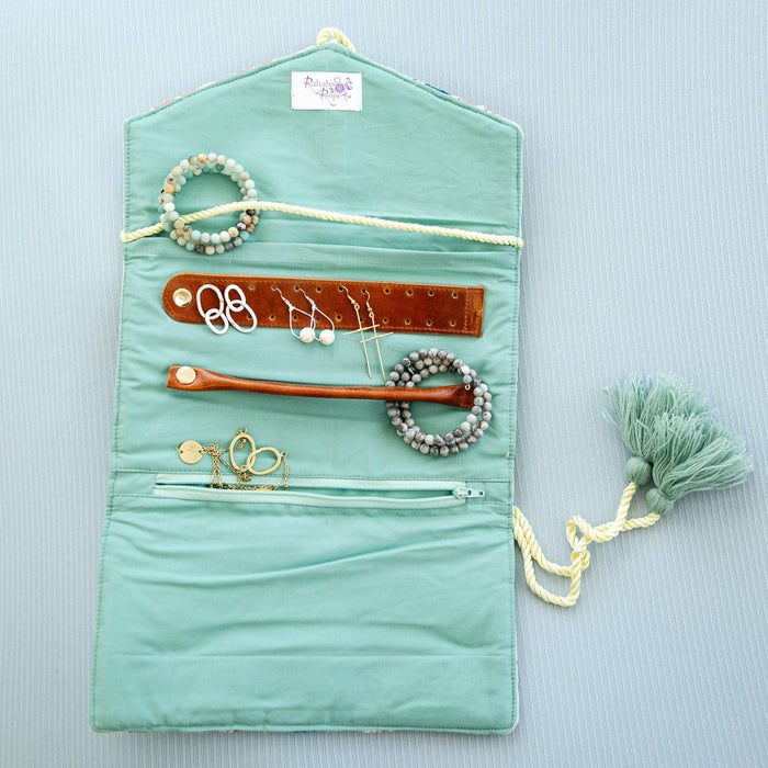 Inside of blue jewelry envelope clutch